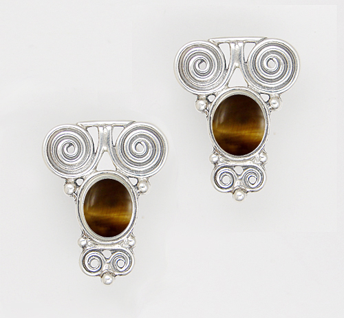 Sterling Silver And Tiger Eye Drop Dangle Earrings With an Art Deco Inspired Style